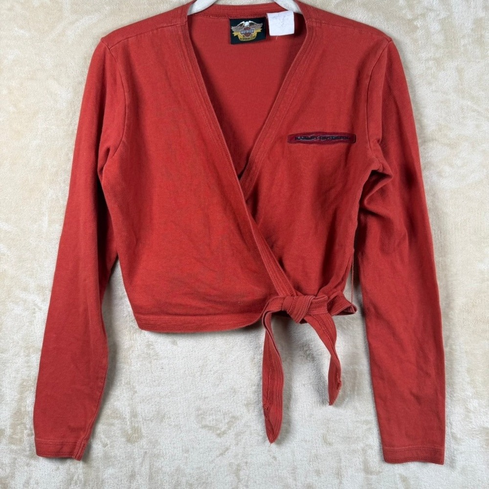 Harley Davidson Womens Long Sleeve Wrap Top Orange Red Cropped Moto Edgy Y2K